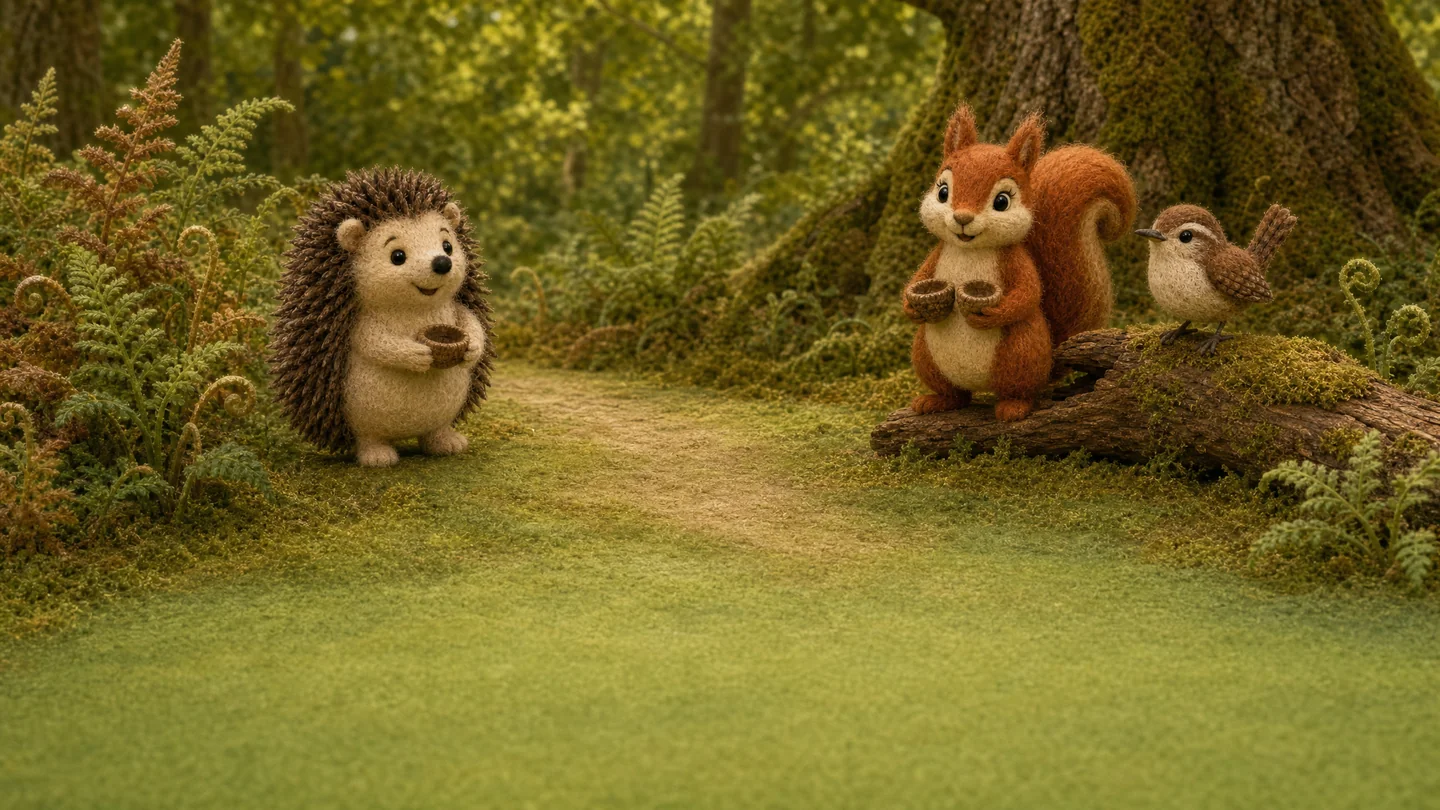 Little Hedgehog steps into the clearing towards Squirrel and Wren at the mossy log.