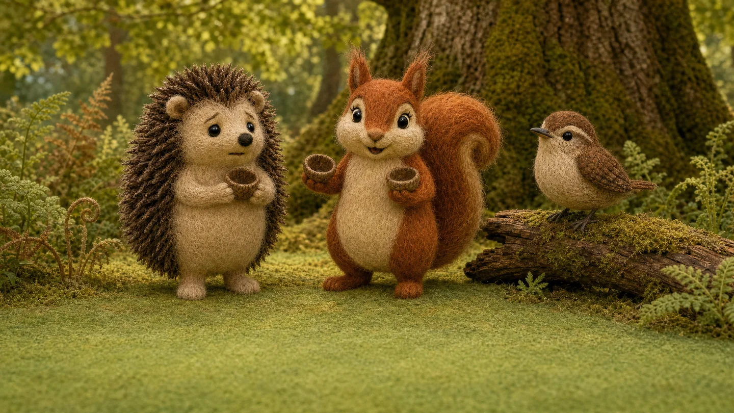 Little Hedgehog, Squirrel and Wren make their tune together beside the mossy log.