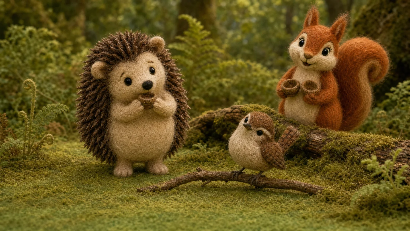 Little Hedgehog holds her cap near her mouth while Squirrel and Wren watch beside the mossy log.