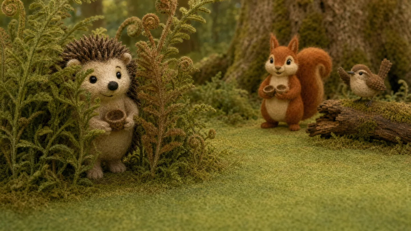 Little Hedgehog stands partly hidden in bracken, holding her cap and watching her friends.