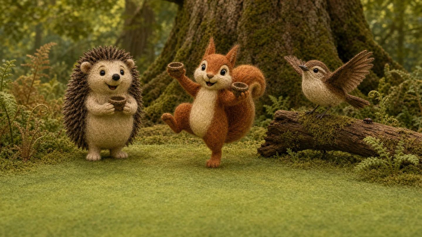 Squirrel lifts a foot in a jig, Wren spreads her wings and Little Hedgehog holds her cap with a smile.