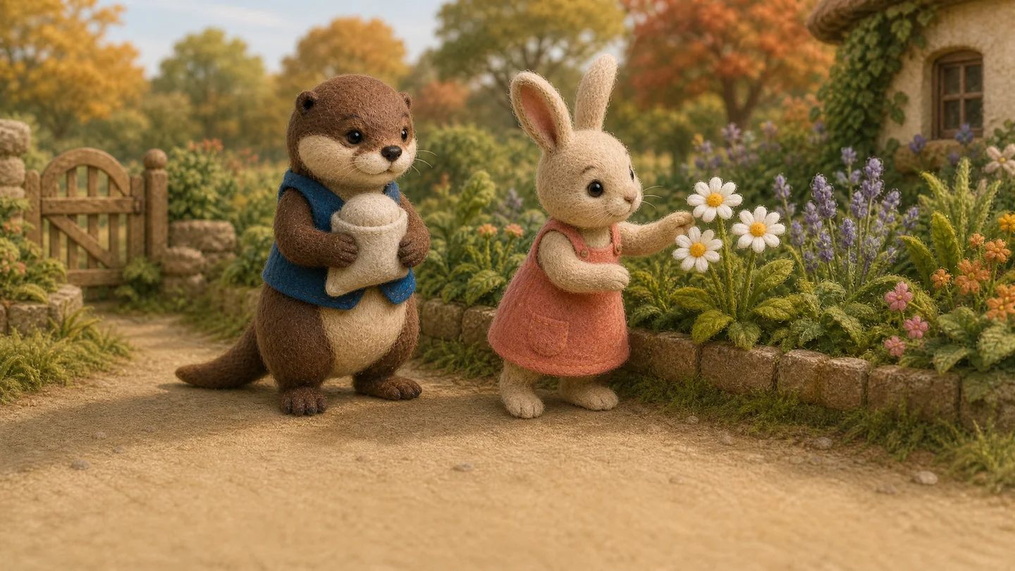 Otter carries a wrapped cup while Rabbit holds daisies on a garden path.