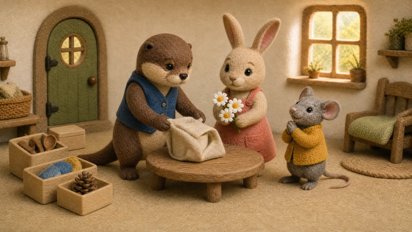Otter unwraps the cup on a table as Rabbit and Mouse watch.