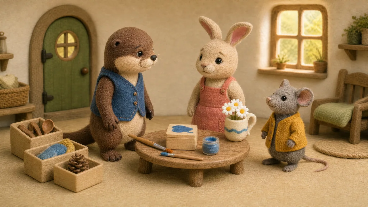 Mouse smiles towards Rabbit beside Otter, the striped cup and the painted box.
