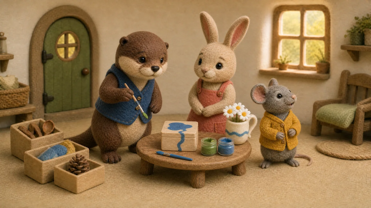 Otter and Rabbit work on a blue river design on the wooden box beside green paint.