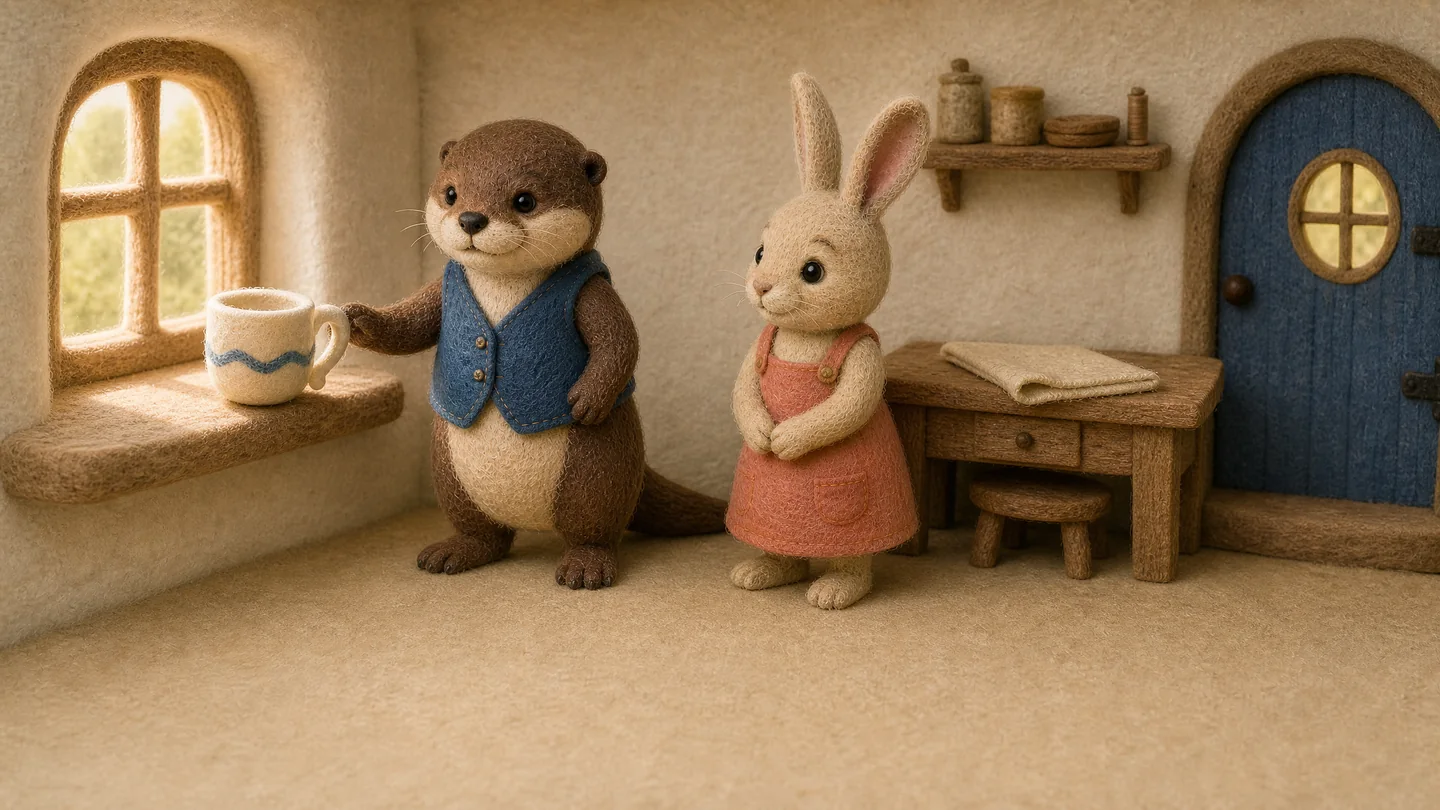 Otter and Rabbit stand beside a cream cup with a winding blue stripe on the windowsill.