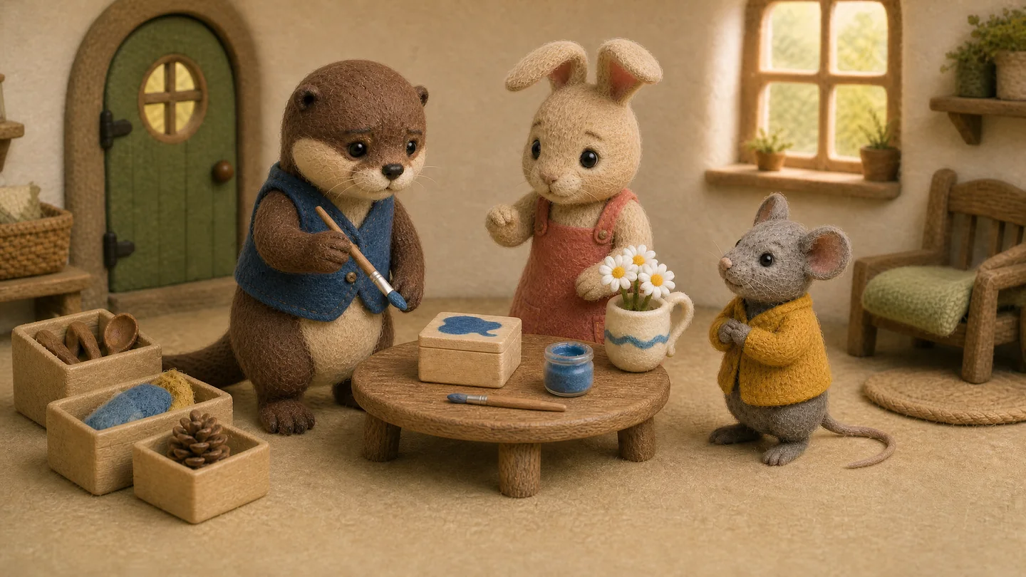 Otter holds a brush over a wooden box with a blue paint puddle while Rabbit and Mouse watch.