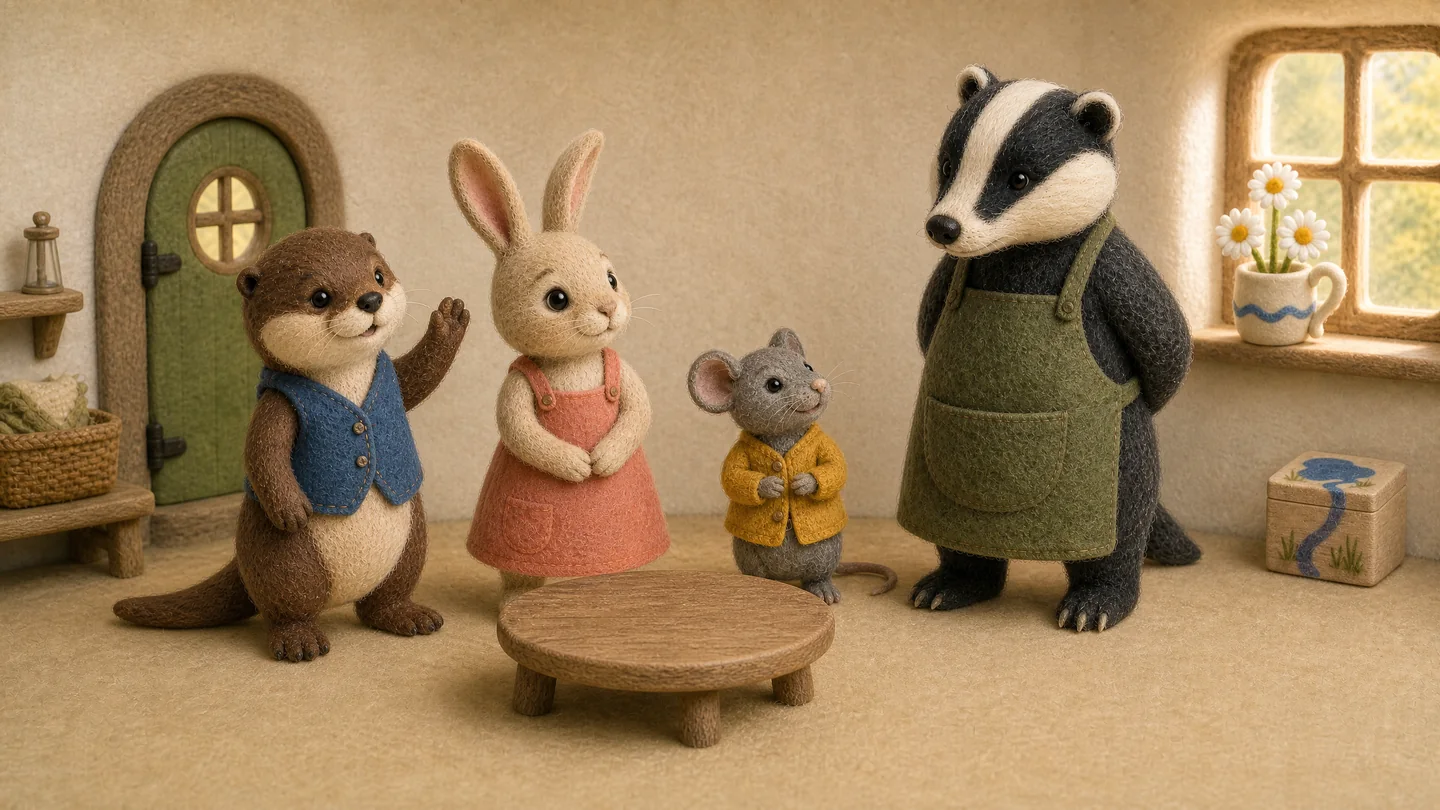 Badger visits Otter, Rabbit and Mouse, with the cup of daisies and decorated box by the window.