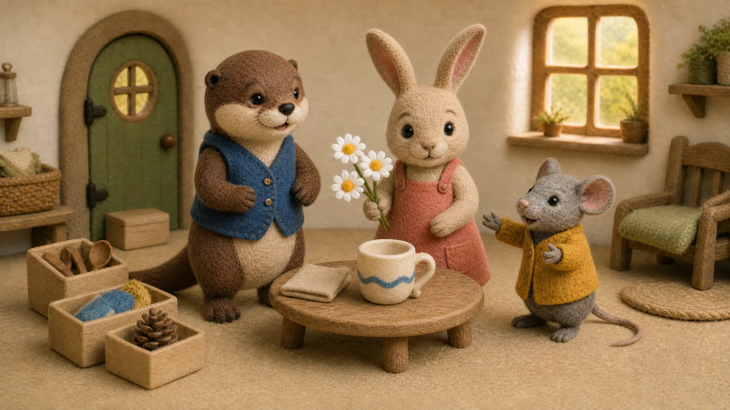 Mouse looks at Otter beside the blue-striped cup while Rabbit holds the daisies.