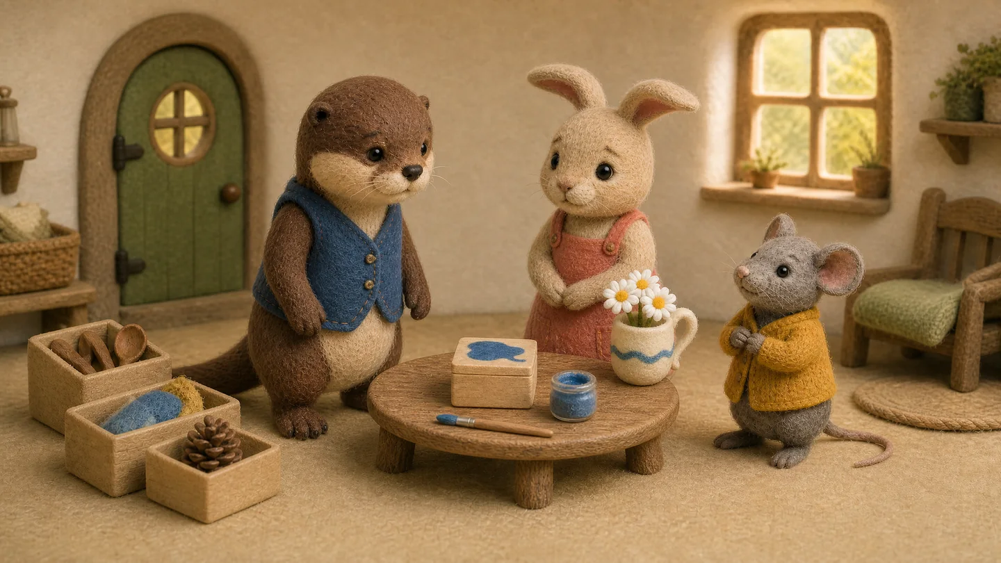 Otter speaks beside Rabbit and Mouse, with the painted box and striped cup on the table.