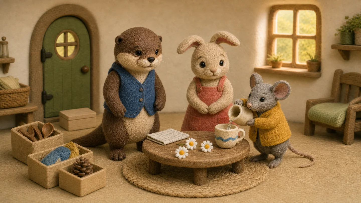 Mouse pours water into the cup beside Otter, Rabbit and the daisies.