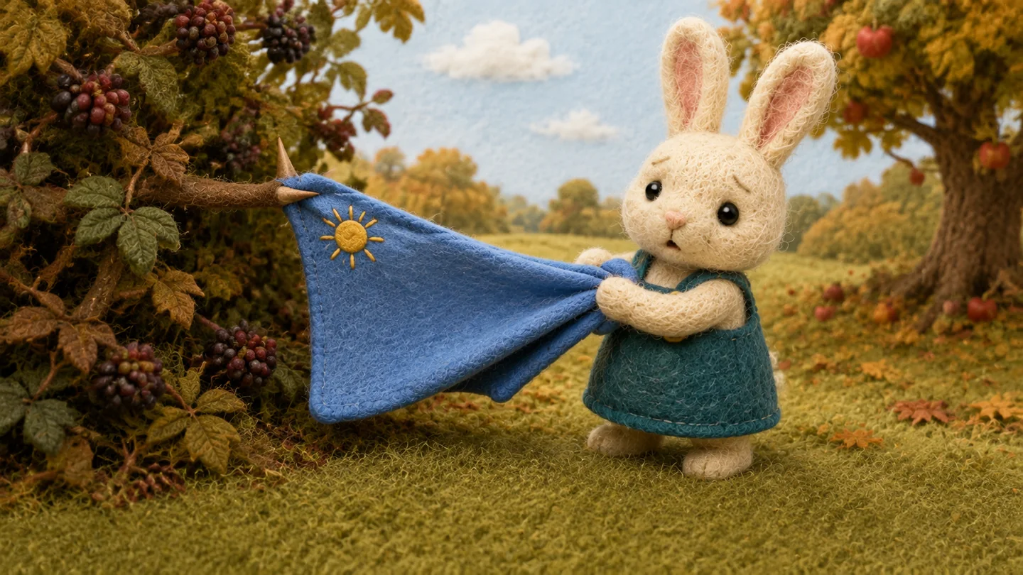 Rabbit pulls her blue blanket where its corner has caught on a bramble thorn.