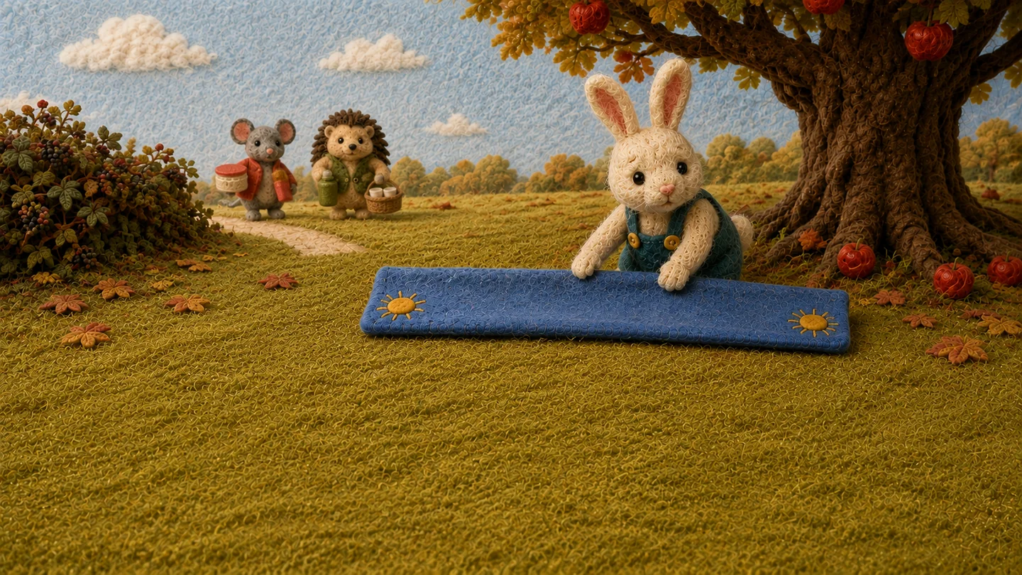 Rabbit folds the blue blanket as Mouse and Hedgehog approach.