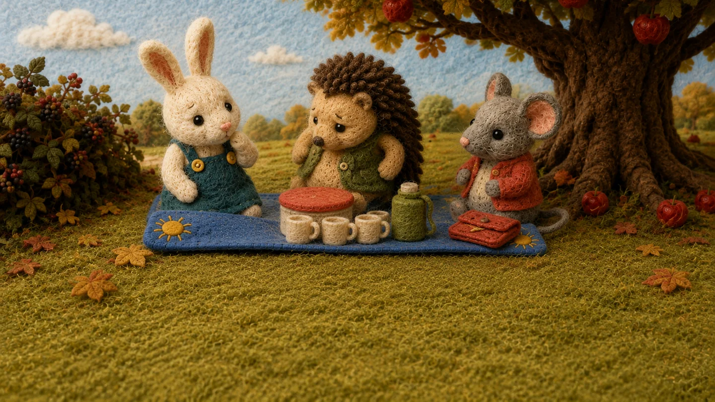 Rabbit, Mouse and Hedgehog crowd around the cake tin on the folded blanket.