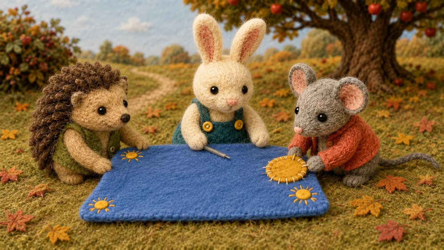 Mouse checks the yellow patch while Rabbit holds the needle and Hedgehog watches.