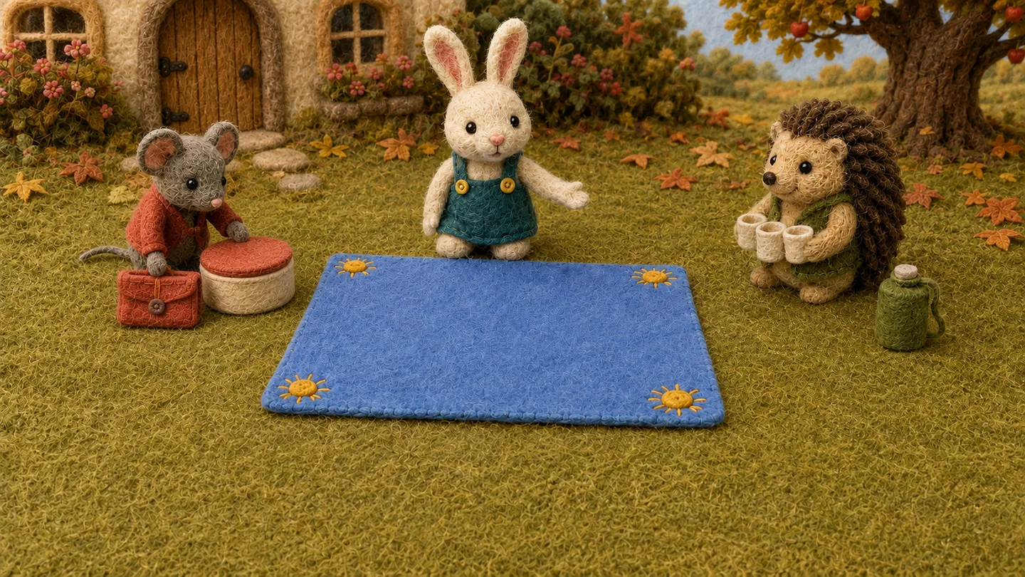 Rabbit, Mouse and Hedgehog stand beside a blue blanket with yellow corner suns and picnic supplies.