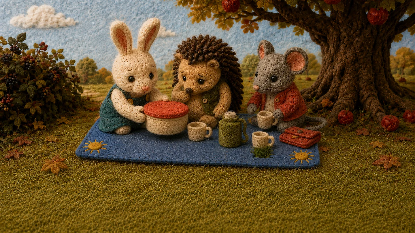 Rabbit holds the cake tin over the blanket while her friends sit beside her.