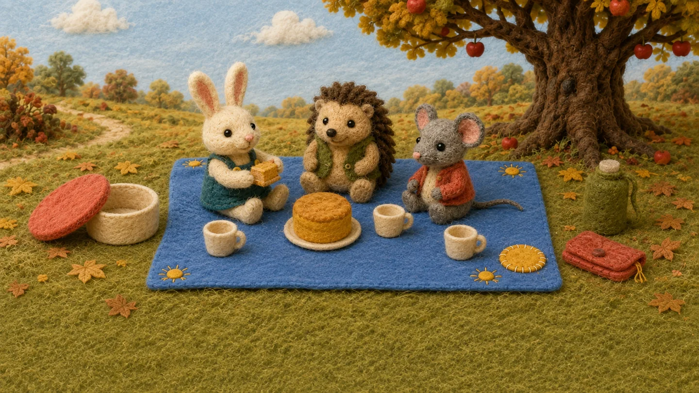 The friends enjoy cake together on the opened blanket with its new yellow patch.