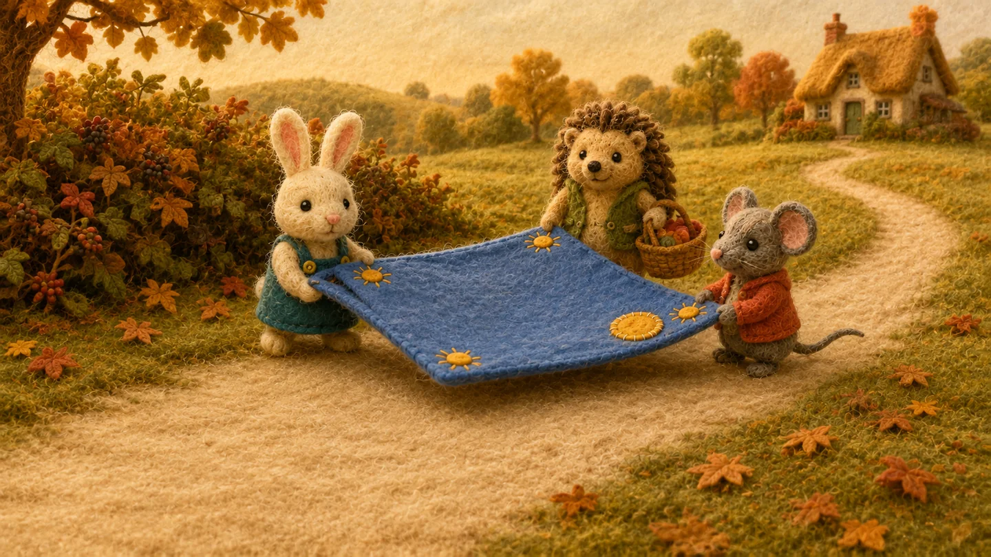 Rabbit, Mouse and Hedgehog carry the repaired blanket along the woodland path.