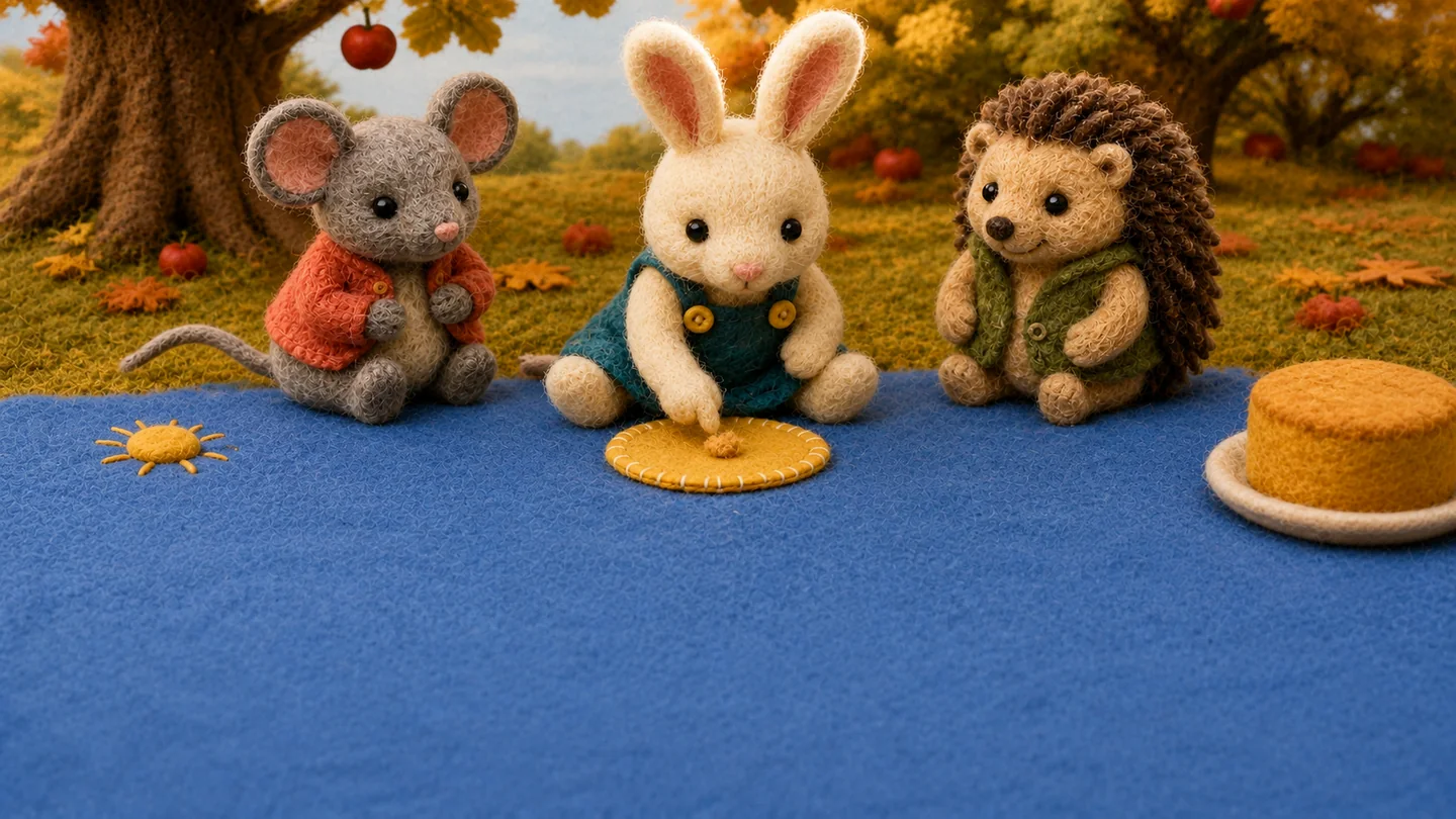 Rabbit looks at the round yellow patch with Mouse and Hedgehog beside her.