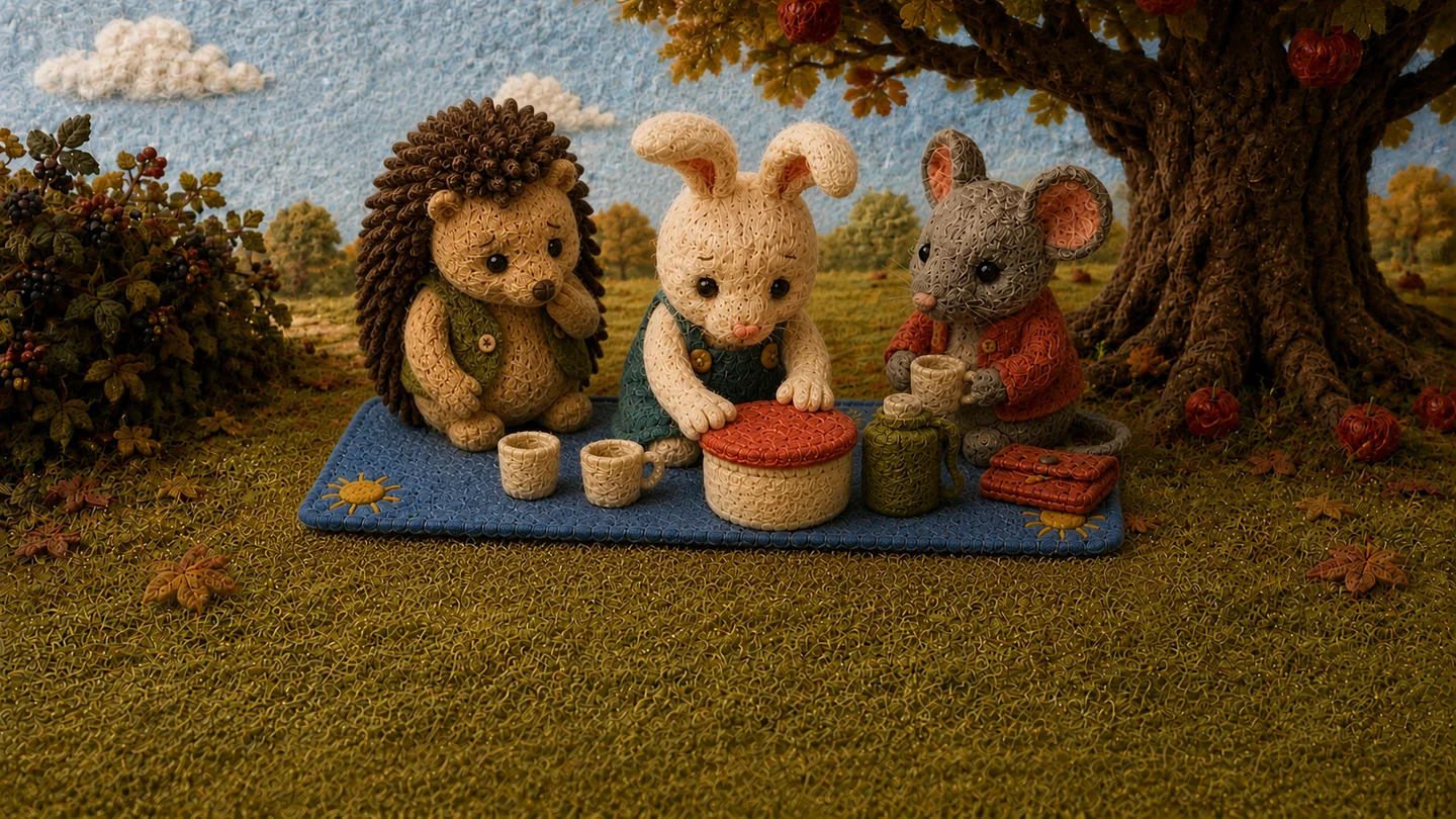 Rabbit rests her paws on the cake tin between Mouse and Hedgehog.