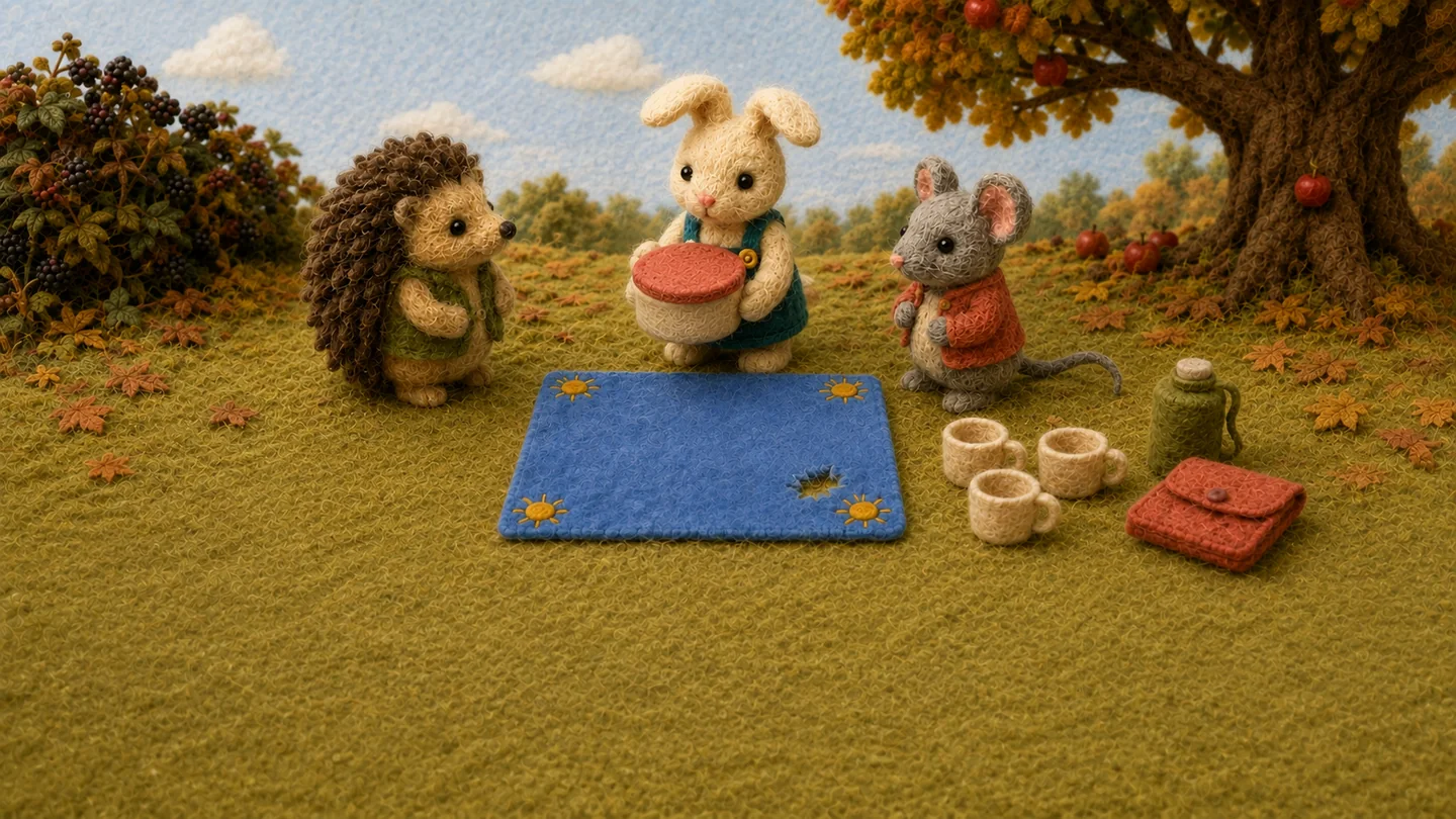 Rabbit lifts the cake tin, revealing the torn blue blanket to her friends.