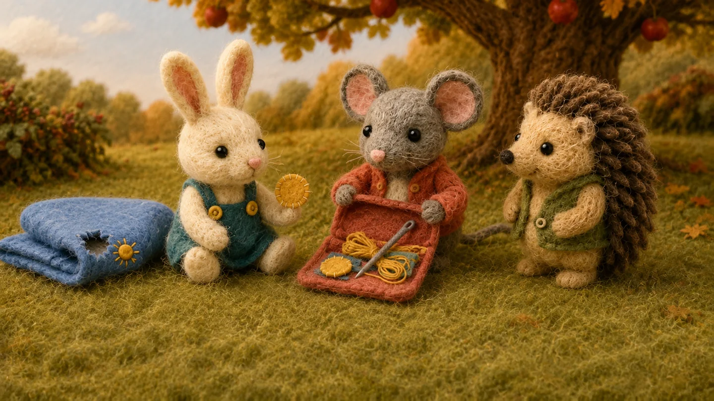 Mouse opens her mending pouch beside Rabbit, Hedgehog and the torn blanket.