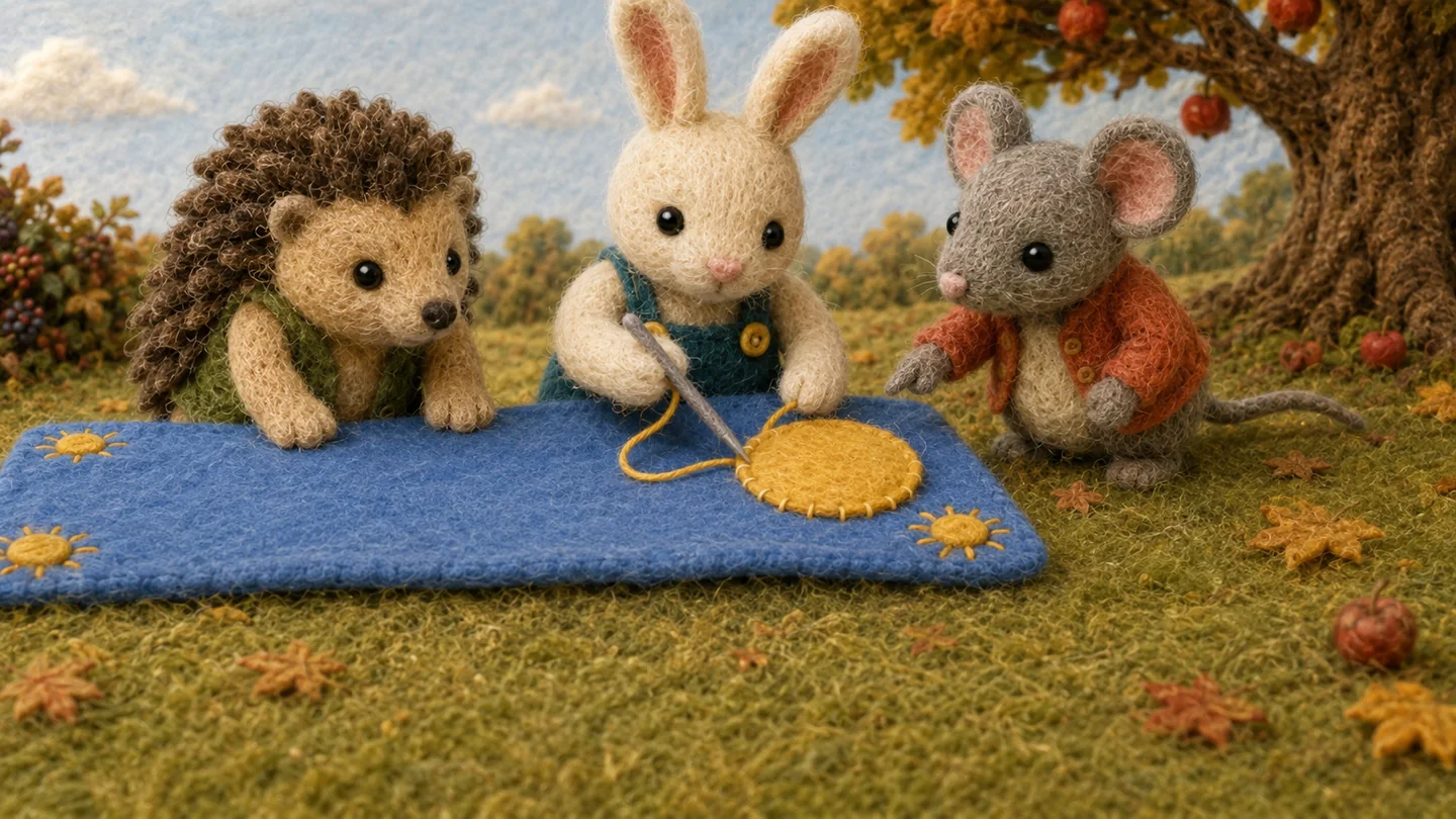 Rabbit stitches a yellow patch onto the blue blanket while Mouse and Hedgehog help.