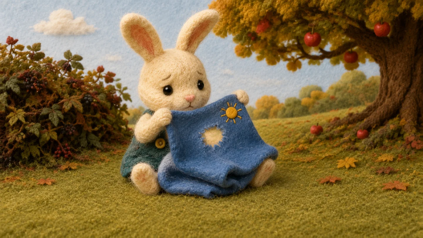 Rabbit examines a hole beside a yellow sun on her blue blanket.
