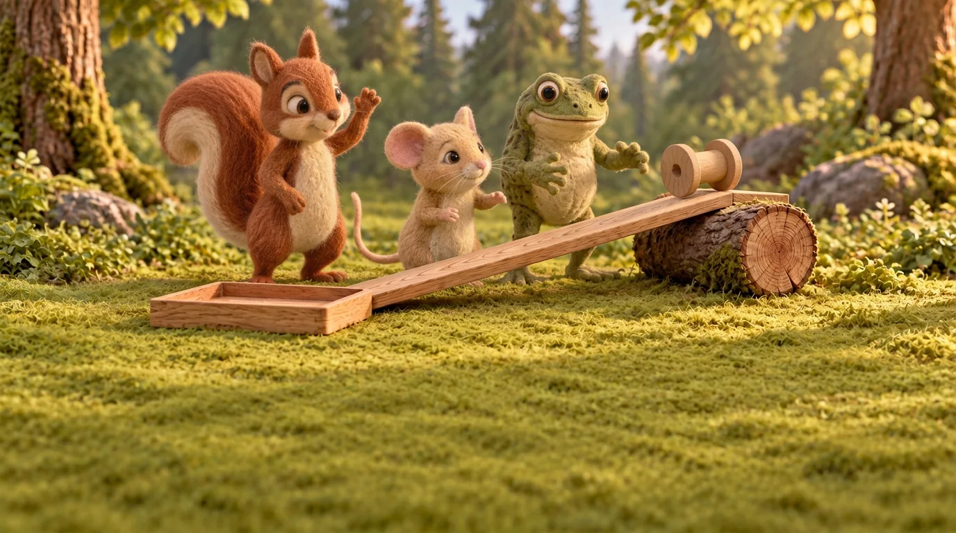 Squirrel, Dormouse and Toad stand together beside the reel at the top of their woodland ramp.