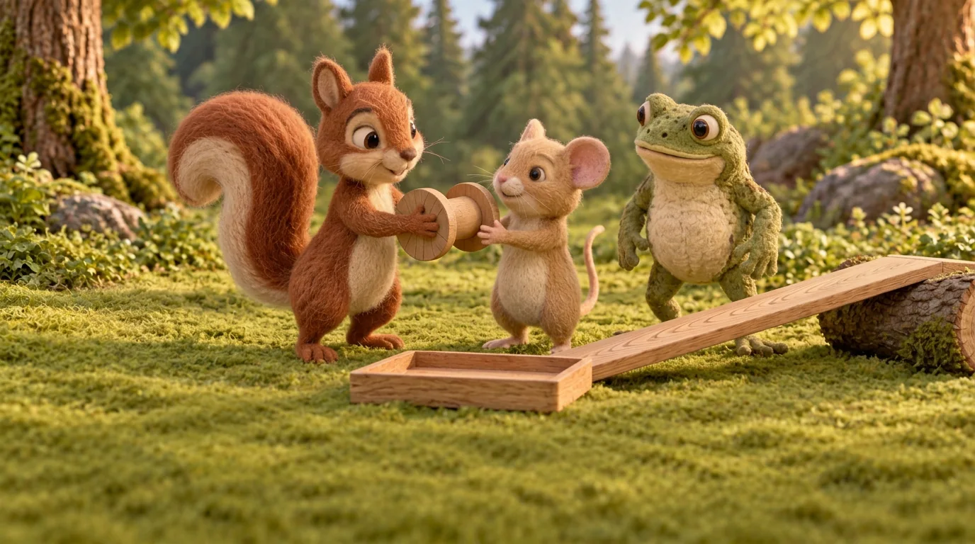 Squirrel passes the single wooden reel directly into Dormouse’s paws, with Toad watching.