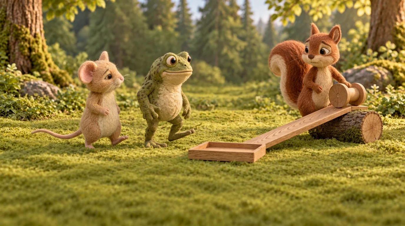 Dormouse and Toad step away while Squirrel lines up the reel at the top of the ramp.