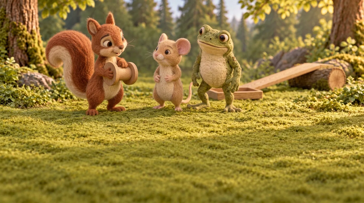 Squirrel carries the reel to Dormouse and Toad and speaks to them in the clearing.