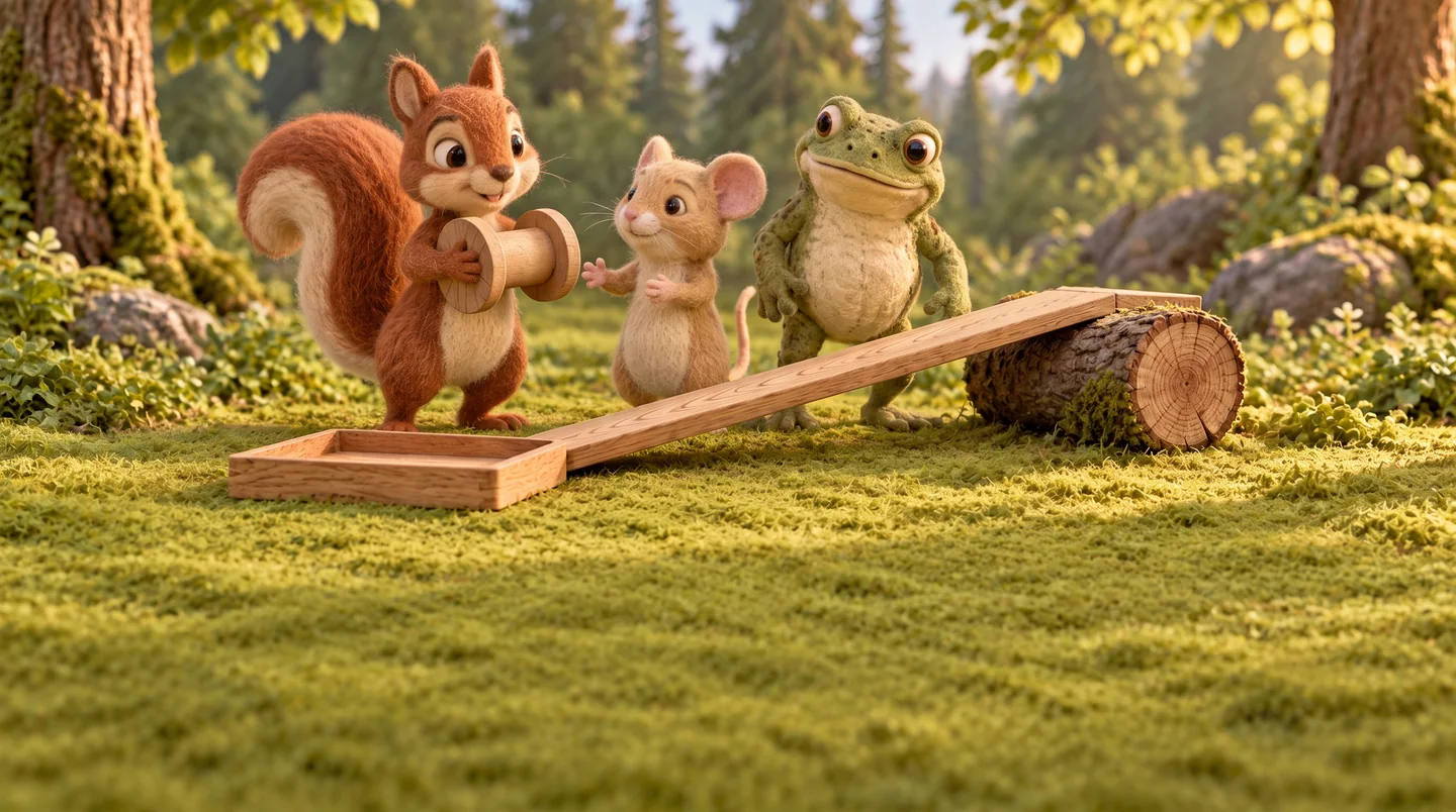 Squirrel holds the reel beside the tray while Dormouse reaches out with his paws.