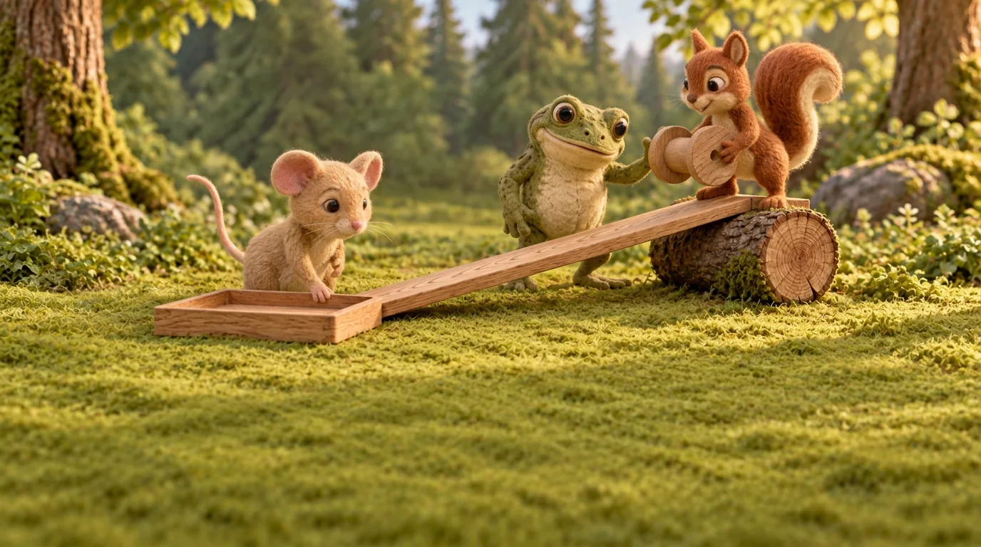 Squirrel, Dormouse and Toad gather around their plank ramp, wooden reel and shallow tray.
