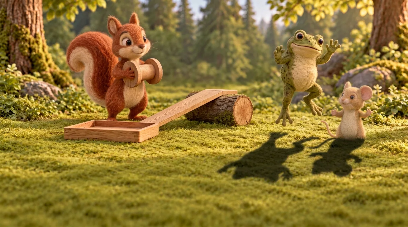 Squirrel holds the reel by the ramp while Dormouse and Toad hop in their shadows across the clearing.