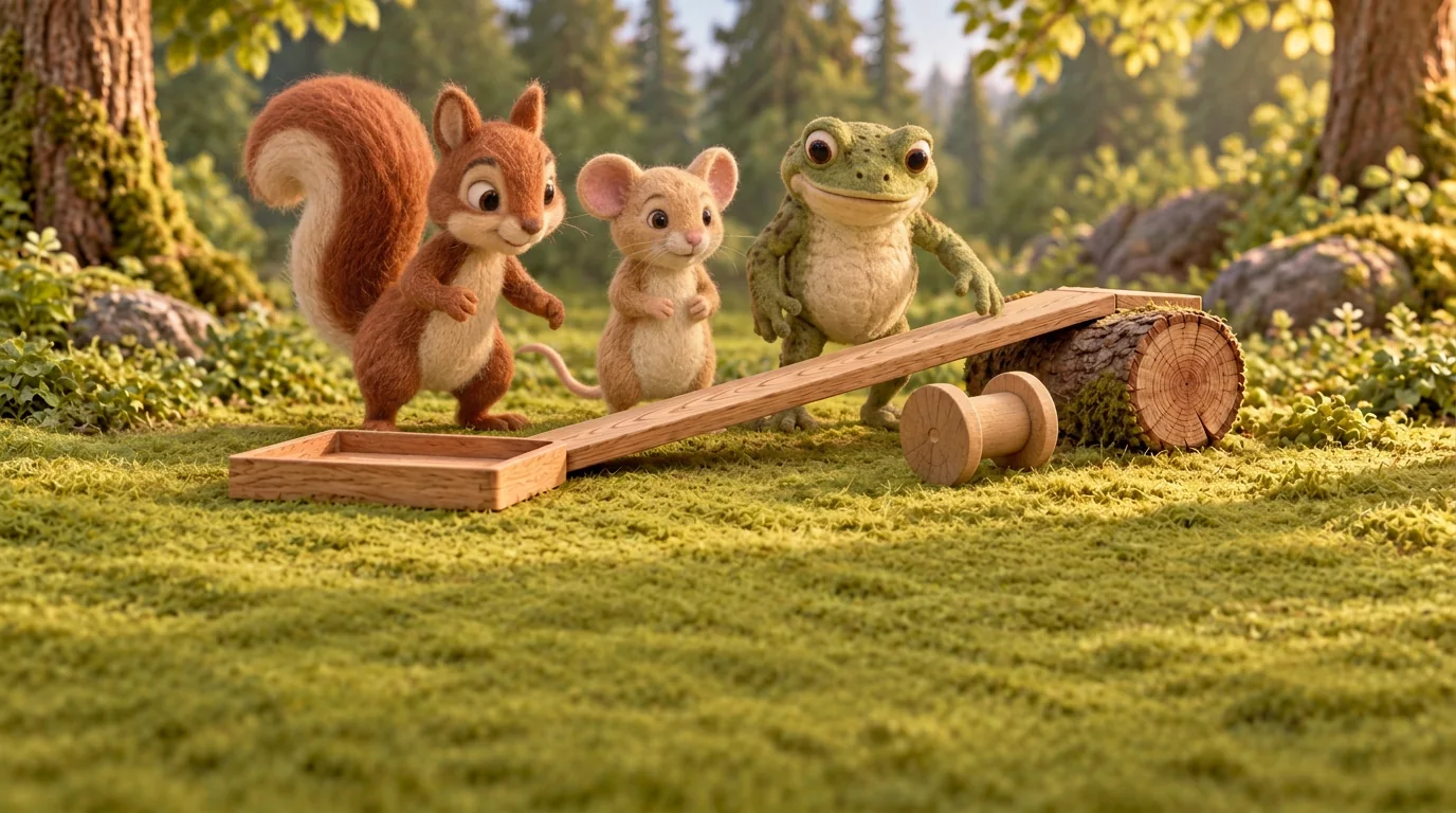 The wooden reel lies in the grass beside the ramp as Squirrel, Dormouse and Toad look on.