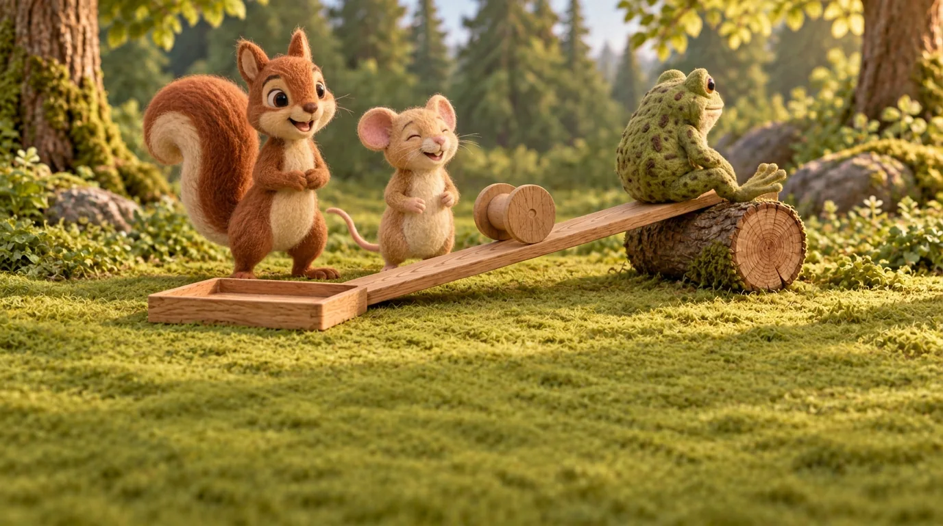 Toad bends forward at the top of the ramp as the wooden reel rolls behind him towards the tray.
