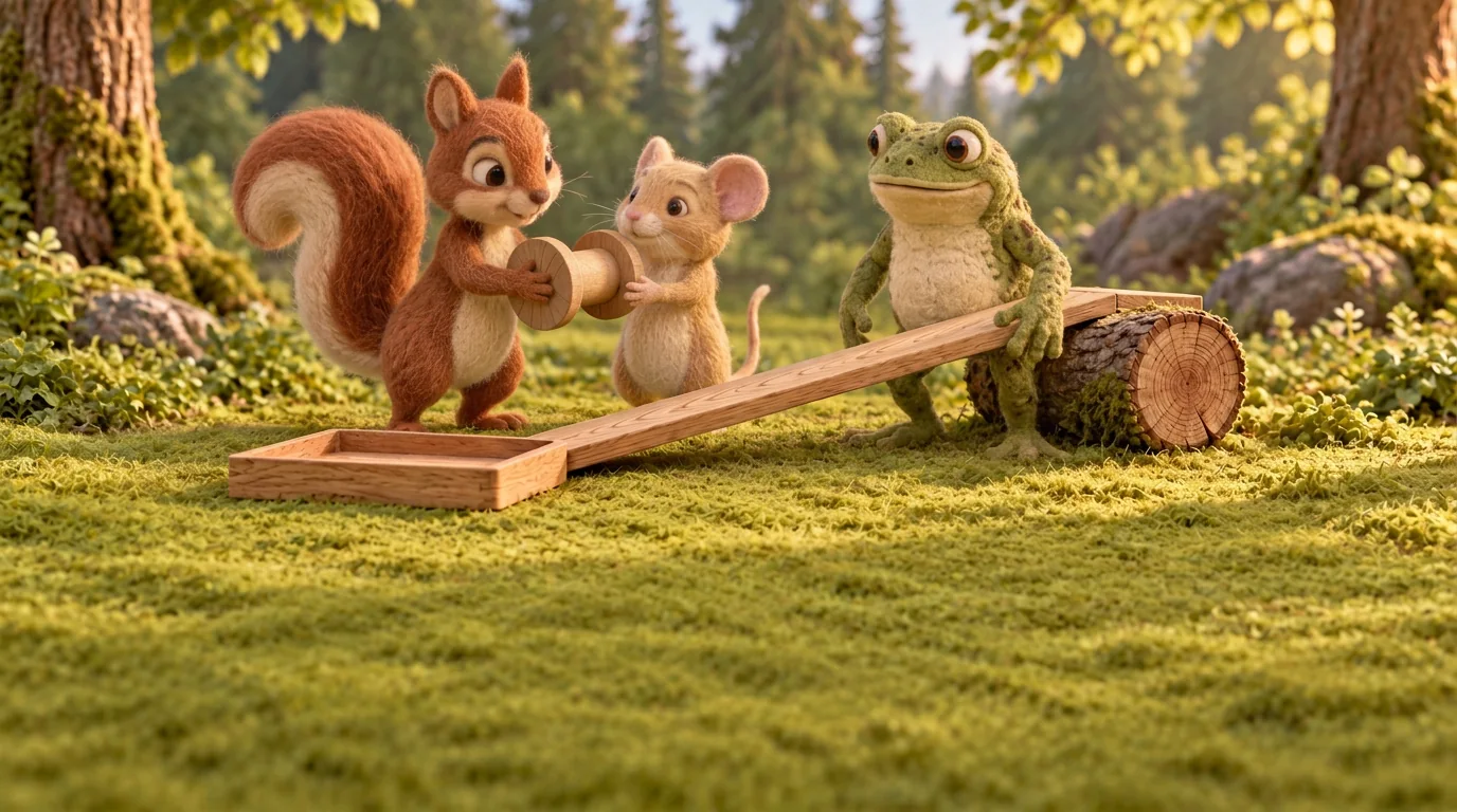 Squirrel gives the wooden reel to Dormouse while Toad waits beside the ramp.