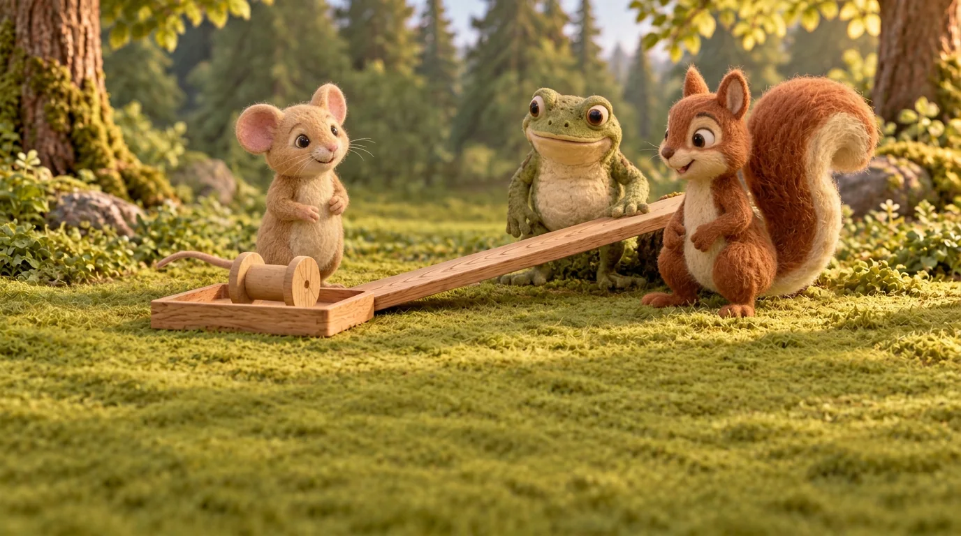 Squirrel sits beside Toad and watches Dormouse’s reel arrive in the tray.