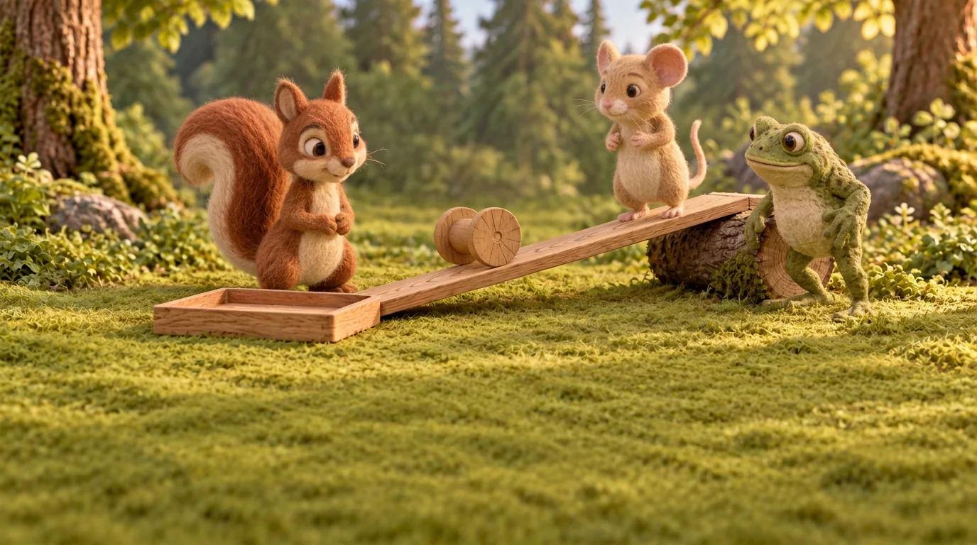 Dormouse watches his reel roll down the plank while Squirrel waits beside the tray and Toad looks on.